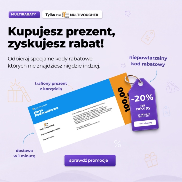 Baner Multirabaty, kupujesz prezent, zyskujesz rabat. Specjalne promocje dostępne tylko w Multivoucher.